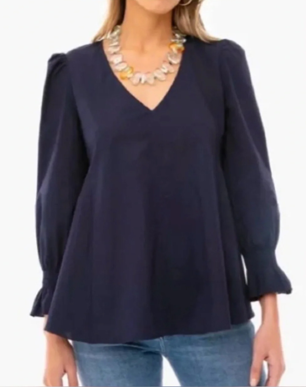 Tuckernuck NWOT Pomander Place Easton Blouse XS Navy V-Neck Puff Sleeve Top